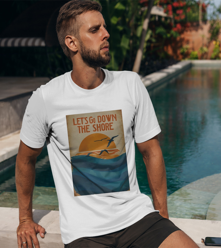 Let's Go Down The Shore Seaside Sunset Ocean Waves And Seagulls T-Shirt