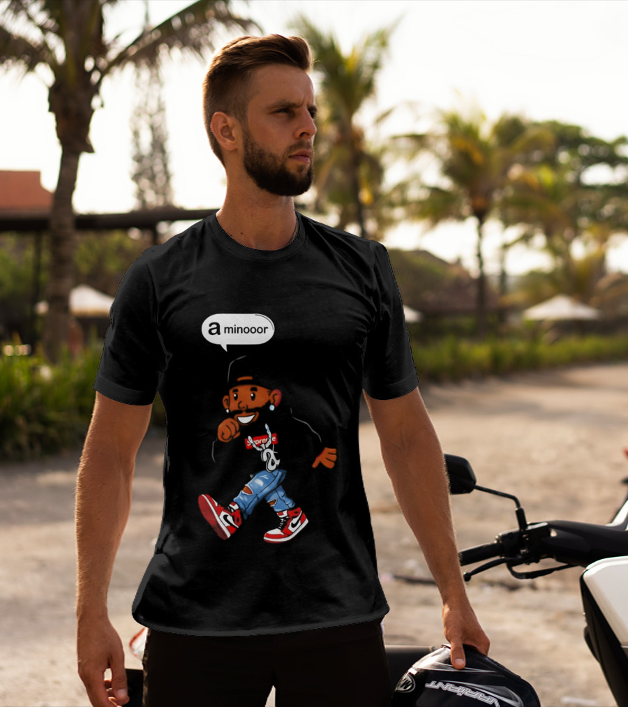 Kendrick Lamar Streetwear Cartoon Miniooor Red Sneakers Blue Jeans T-Shirt