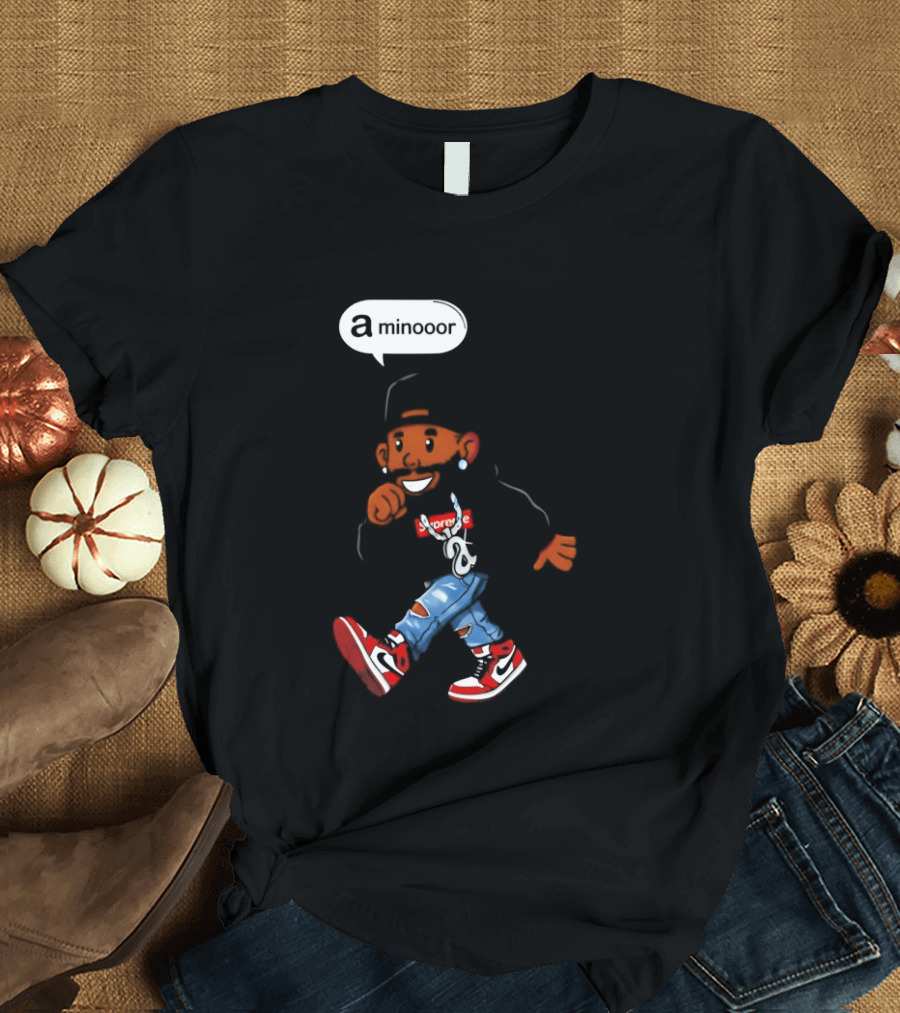 Kendrick Lamar Streetwear Cartoon Miniooor Red Sneakers Blue Jeans T-Shirt