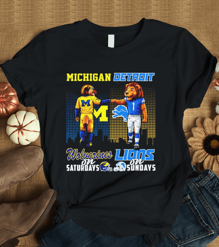 Michigan Wolverines Saturdays Detroit Lions Sundays Skyline T-Shirt