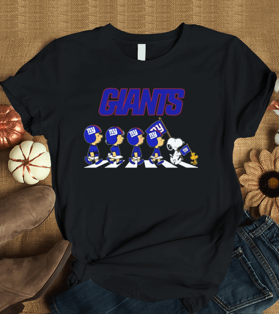 Peanuts Characters Walking With Giants Football Helmets And NY Flag T-Shirt