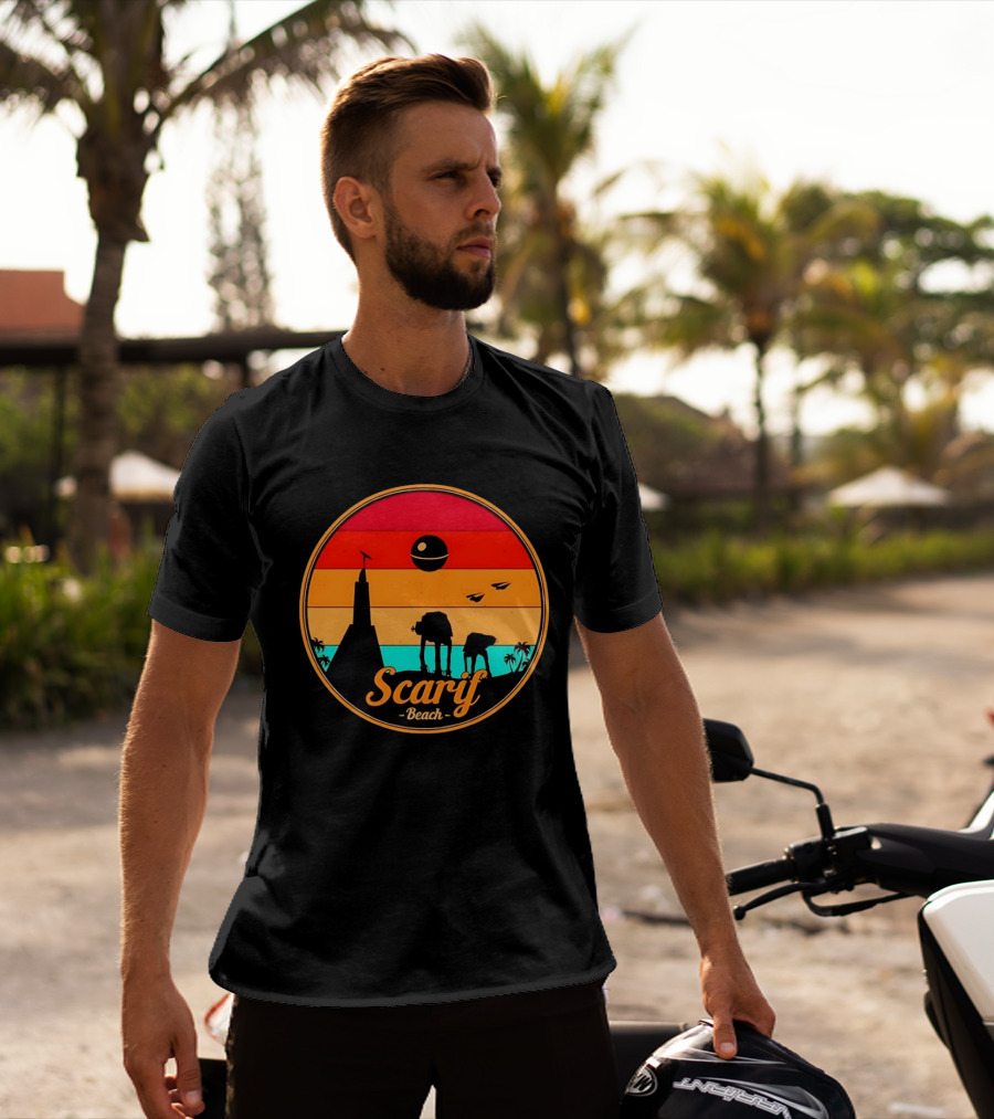 Scarif Beach Sunset With AT ACT Walkers And Death Star T-Shirt