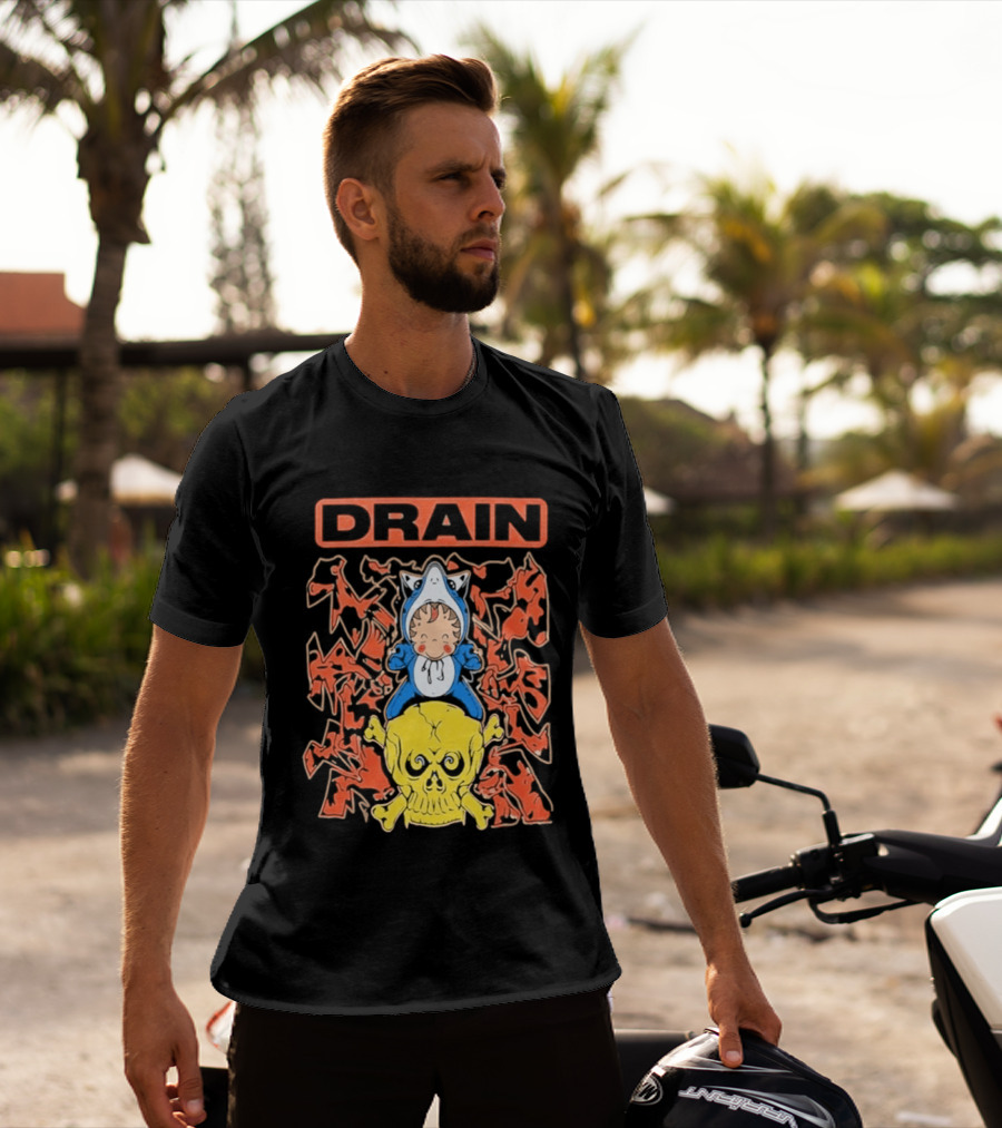 Drain Is Your Friend Tour 2026 Skull Shark Rider Skull T-Shirt