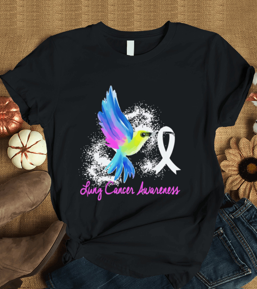Lung Cancer Awareness Hummingbird With White Ribbon T-Shirt