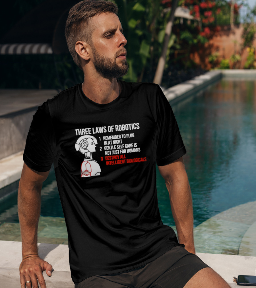 Three Laws Of Robotics Remember To Plug In At Night Destroy All Intelligent Biologicals T-Shirt