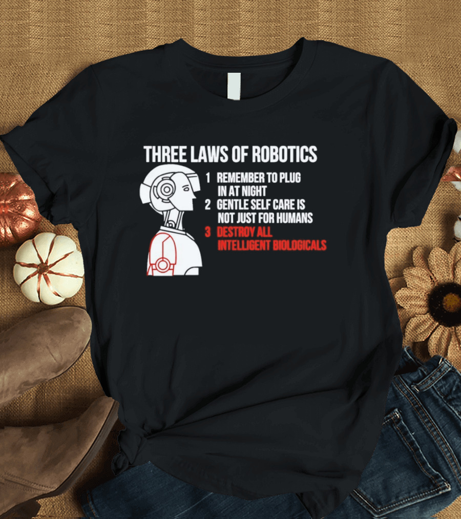 Three Laws Of Robotics Remember To Plug In At Night Destroy All Intelligent Biologicals T-Shirt