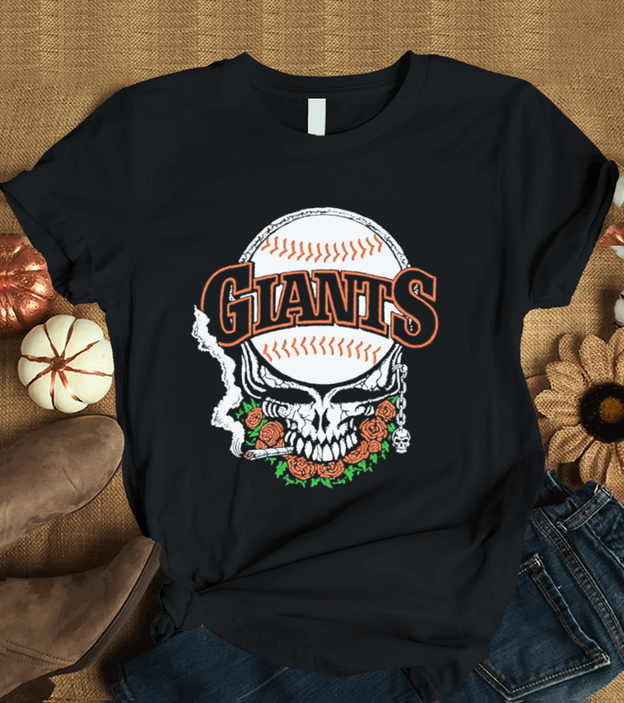 San Francisco Giants Skull With Baseball And Roses T-Shirt