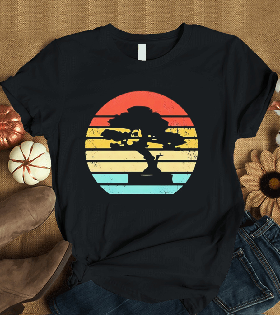 Bonsai Tree Silhouette Japan Retro Sunset T-Shirt