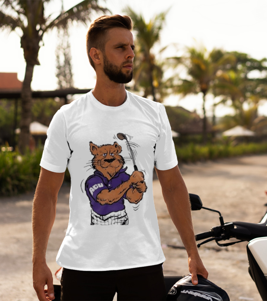ACU Golf Puma In Purple Polo Swinging A Club T-Shirt