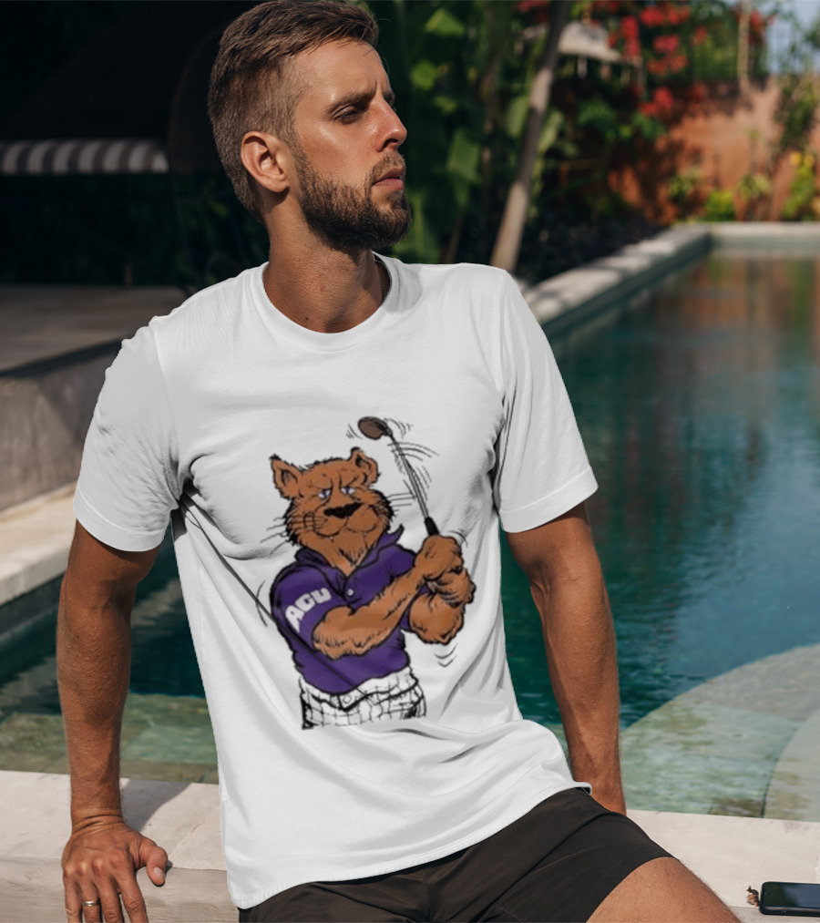 ACU Golf Puma In Purple Polo Swinging A Club T-Shirt