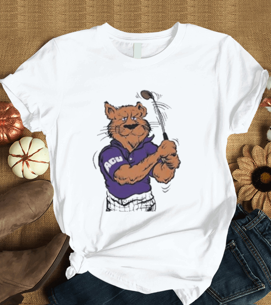 ACU Golf Puma In Purple Polo Swinging A Club T-Shirt