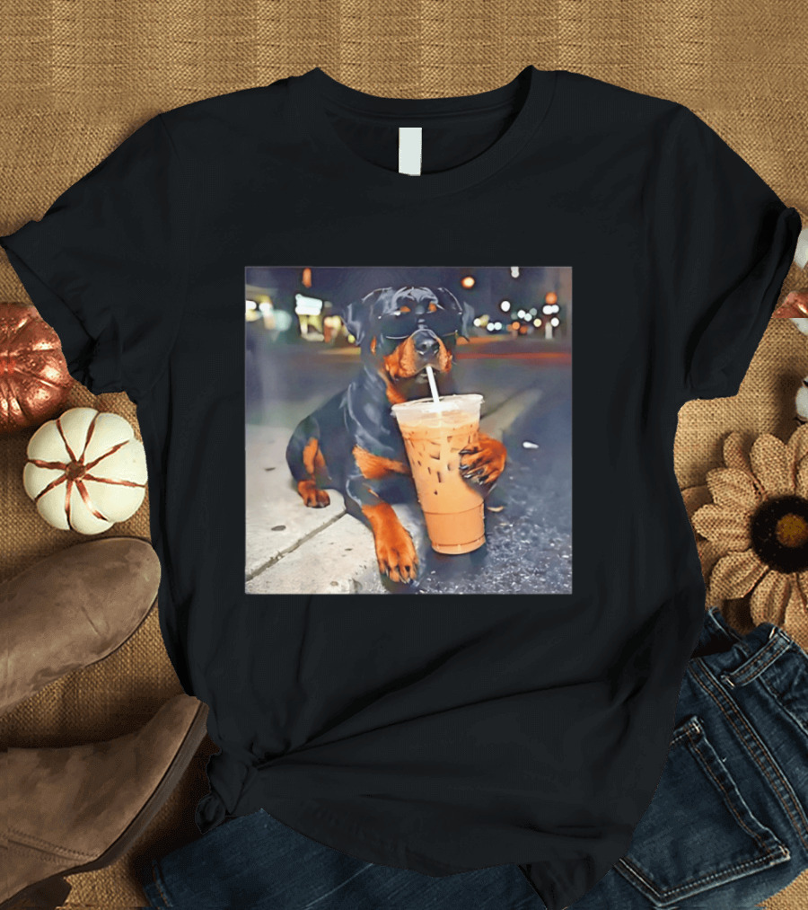 Rottweiler Drinking Iced Coffee Wearing Sunglasses Funny Dog T-Shirt