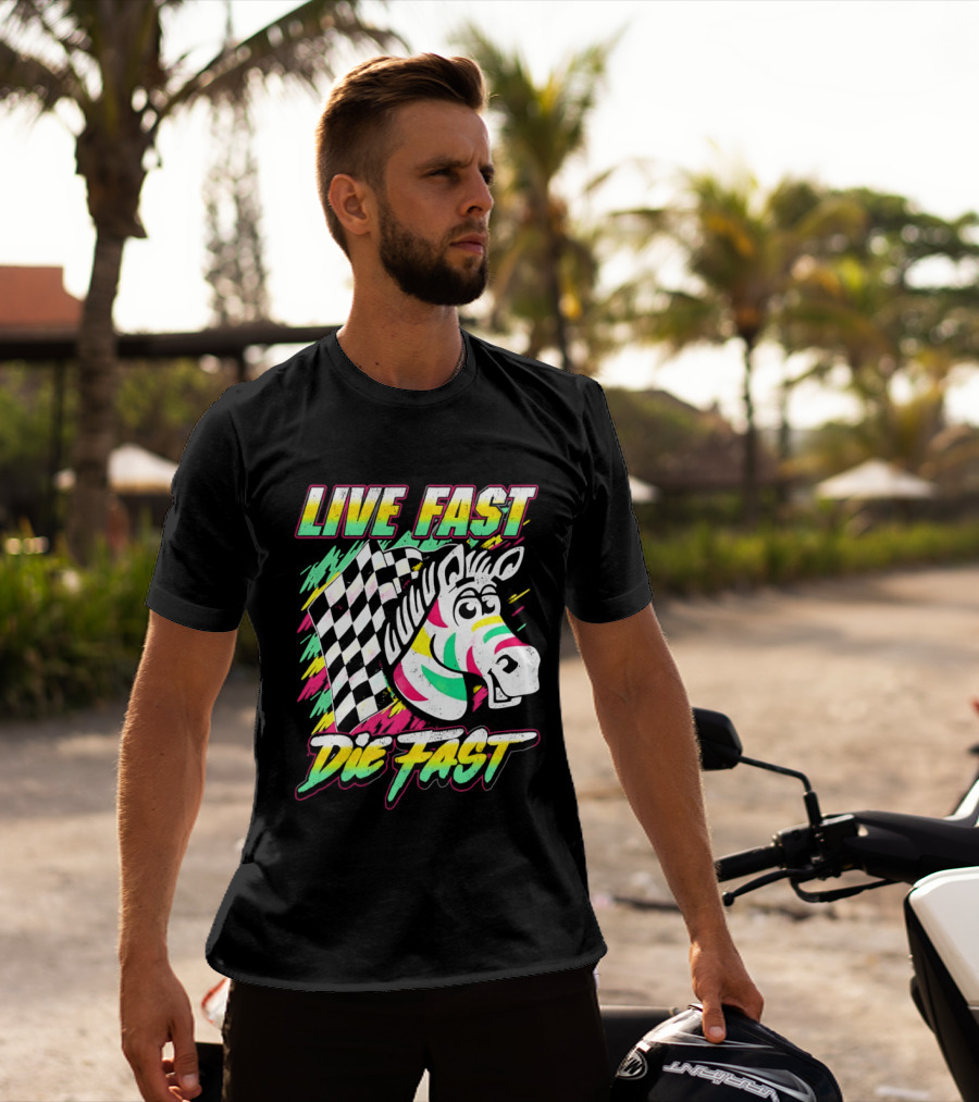 Zebra Checkered Flag Live Fast Die Fast Retro Neon T-Shirt