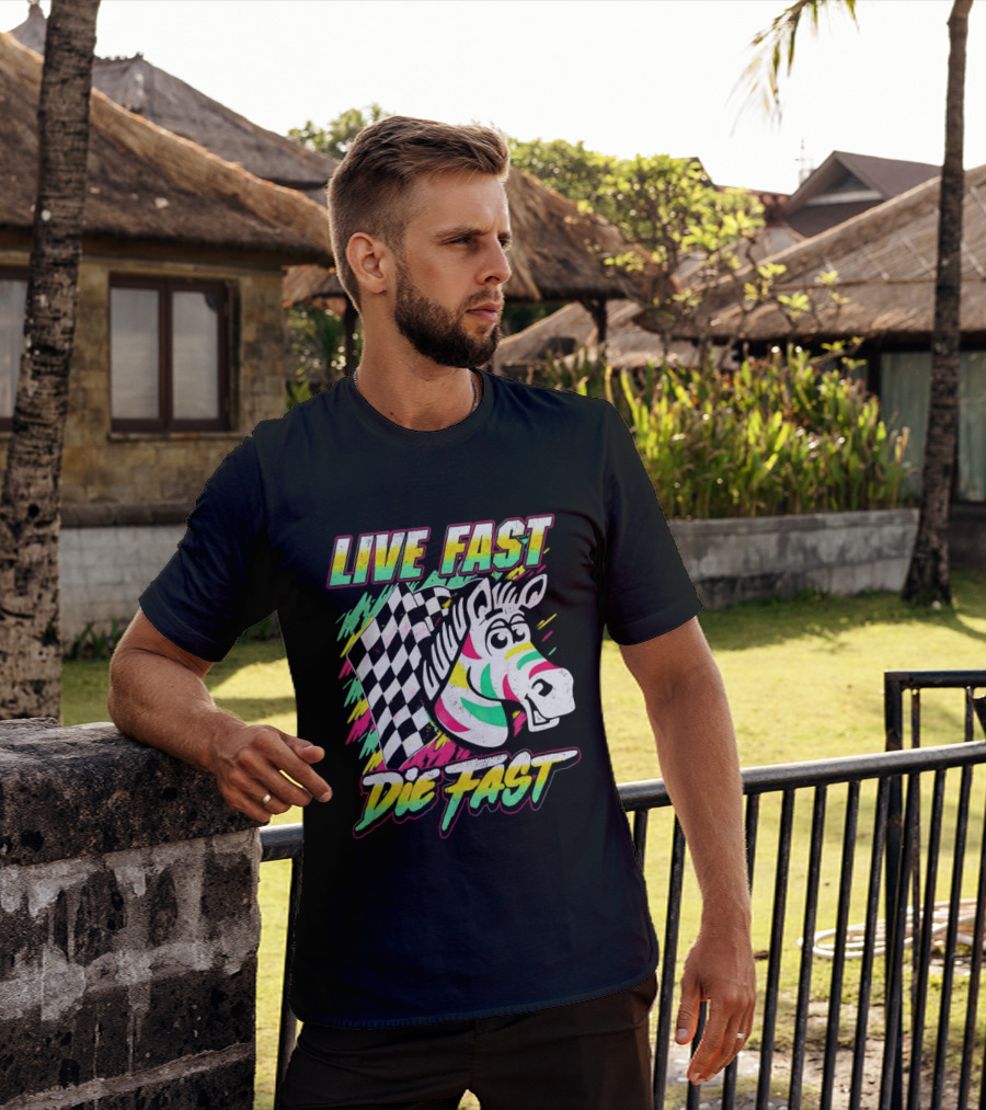 Zebra Checkered Flag Live Fast Die Fast Retro Neon T-Shirt