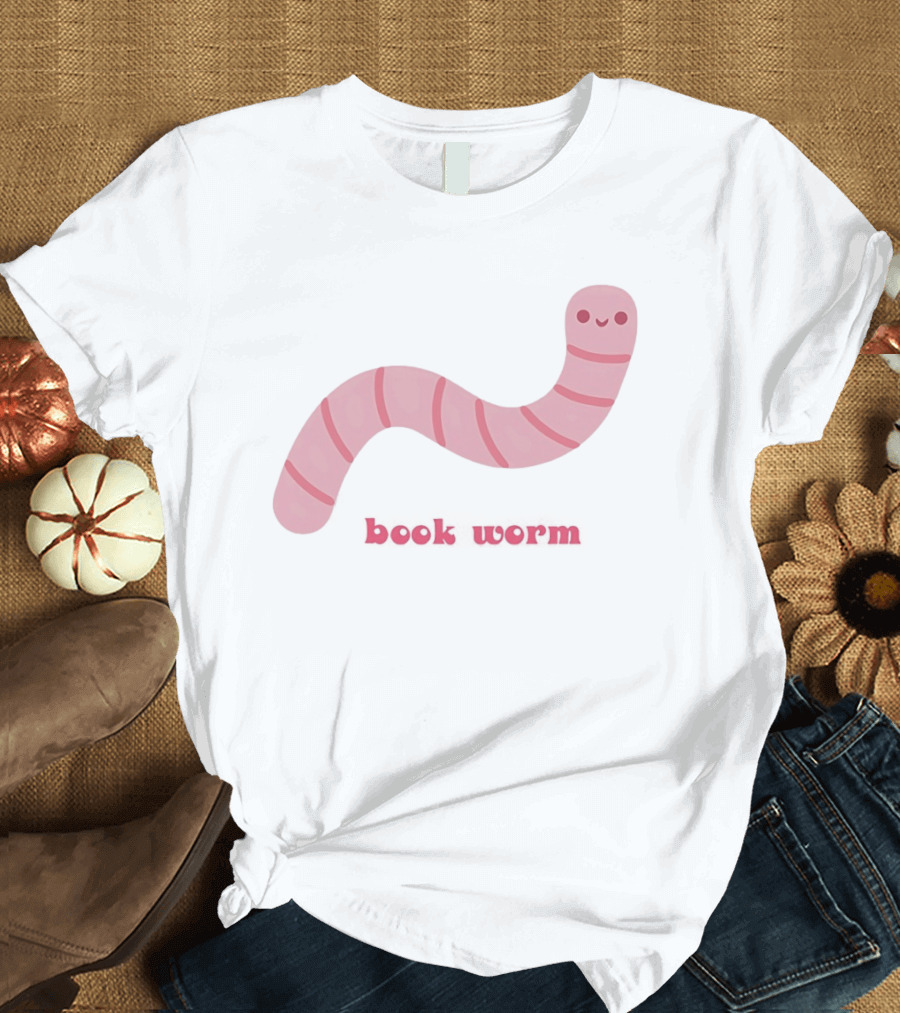 Pink Smiling Book Worm Cute T-Shirt