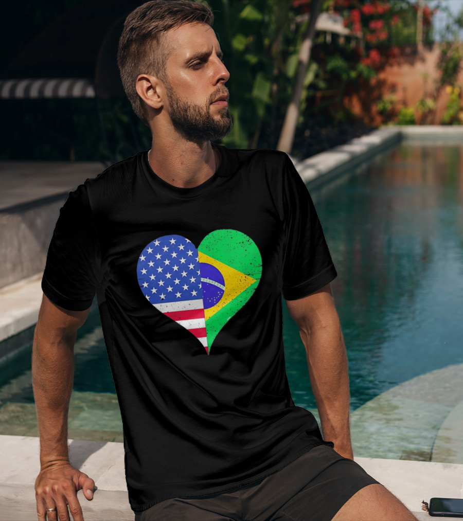 Brazilian And American Heart Flags Unity T-Shirt