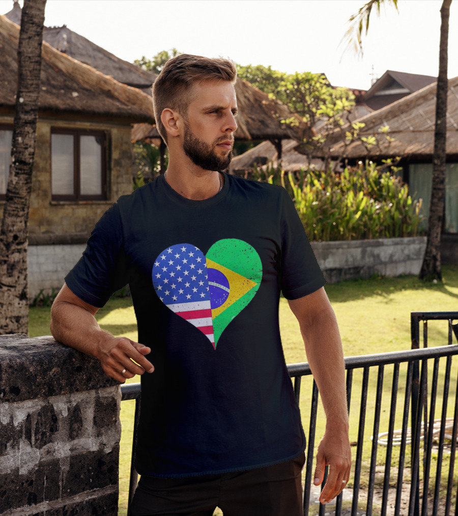Brazilian And American Heart Flags Unity T-Shirt