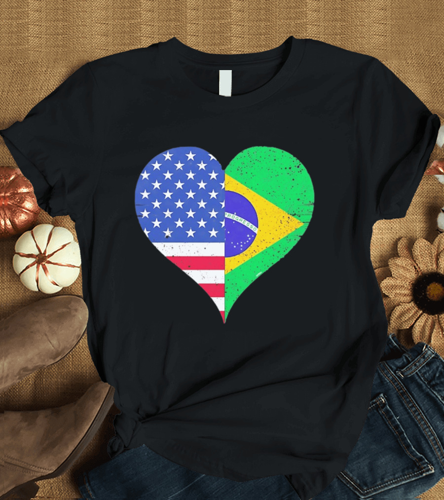 Brazilian And American Heart Flags Unity T-Shirt