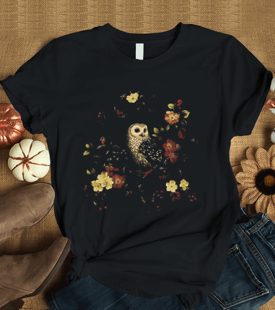 Owl Dark Cottagecore Watercolor Floral Motif T-Shirt