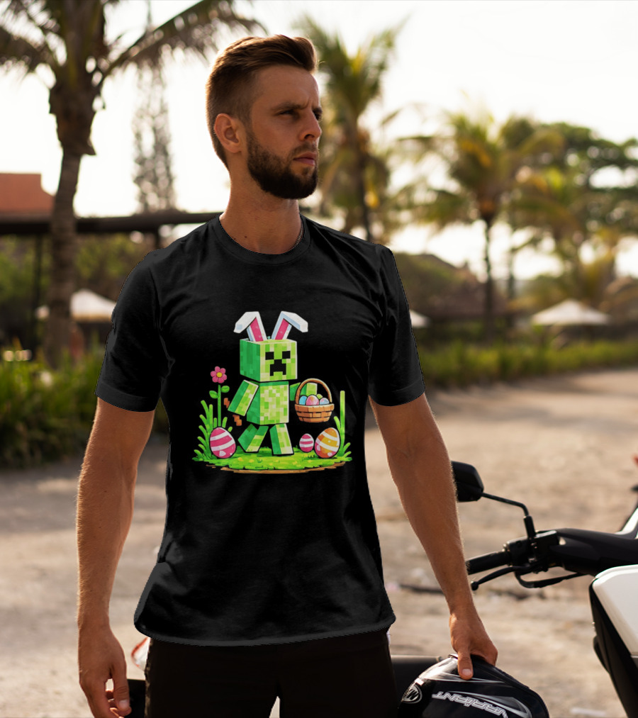 Creeper Rabbit Ears Easter Egg Hunt Gamer Pixel T-Shirt