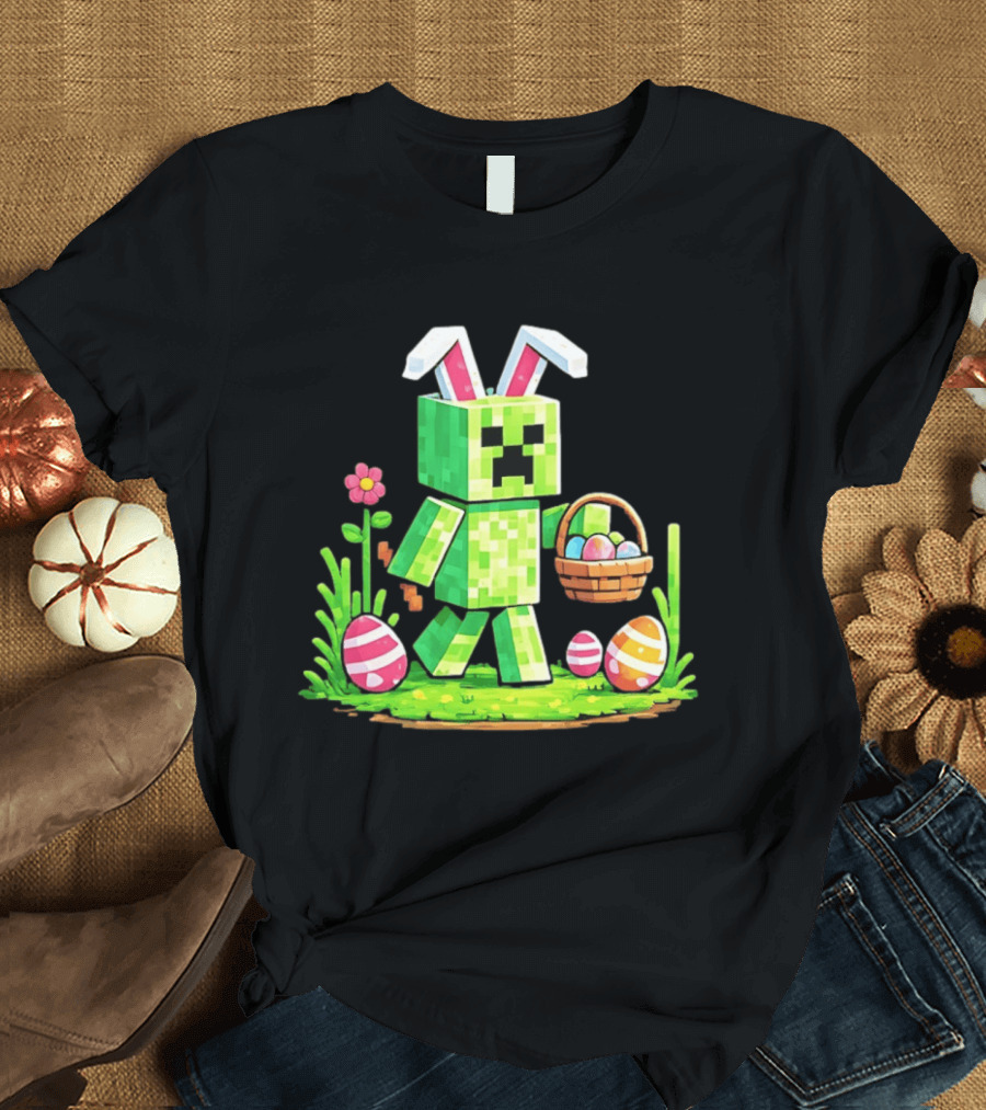Creeper Rabbit Ears Easter Egg Hunt Gamer Pixel T-Shirt