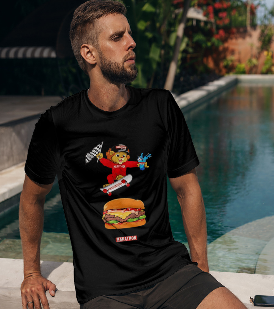Marathon Lion Skateboarding Checkered Flag Cheeseburger T-Shirt