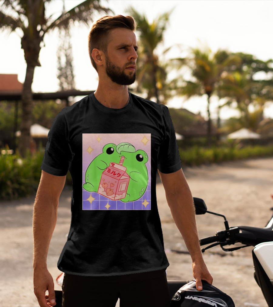 Frog With Peach Milk Box Kawaii Cartoon T-Shirt