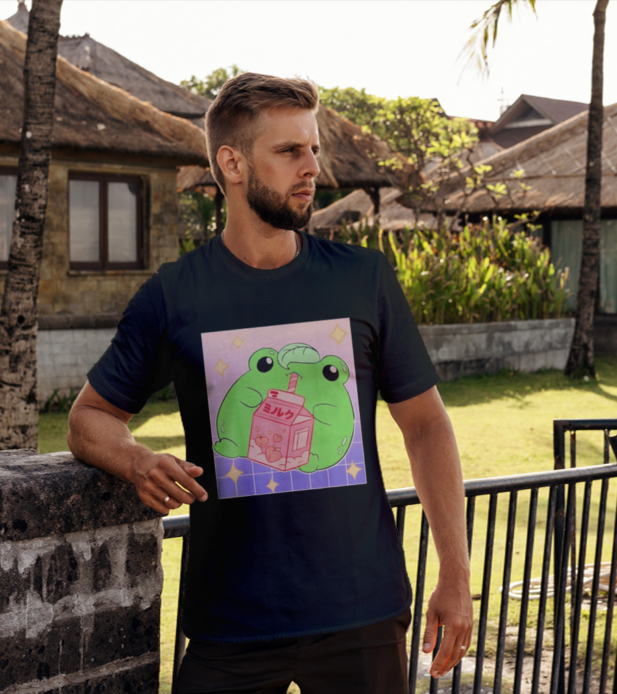 Frog With Peach Milk Box Kawaii Cartoon T-Shirt