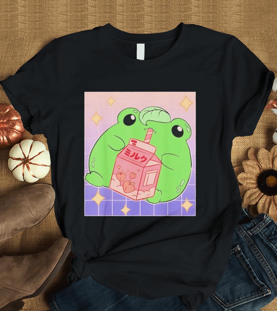 Frog With Peach Milk Box Kawaii Cartoon T-Shirt