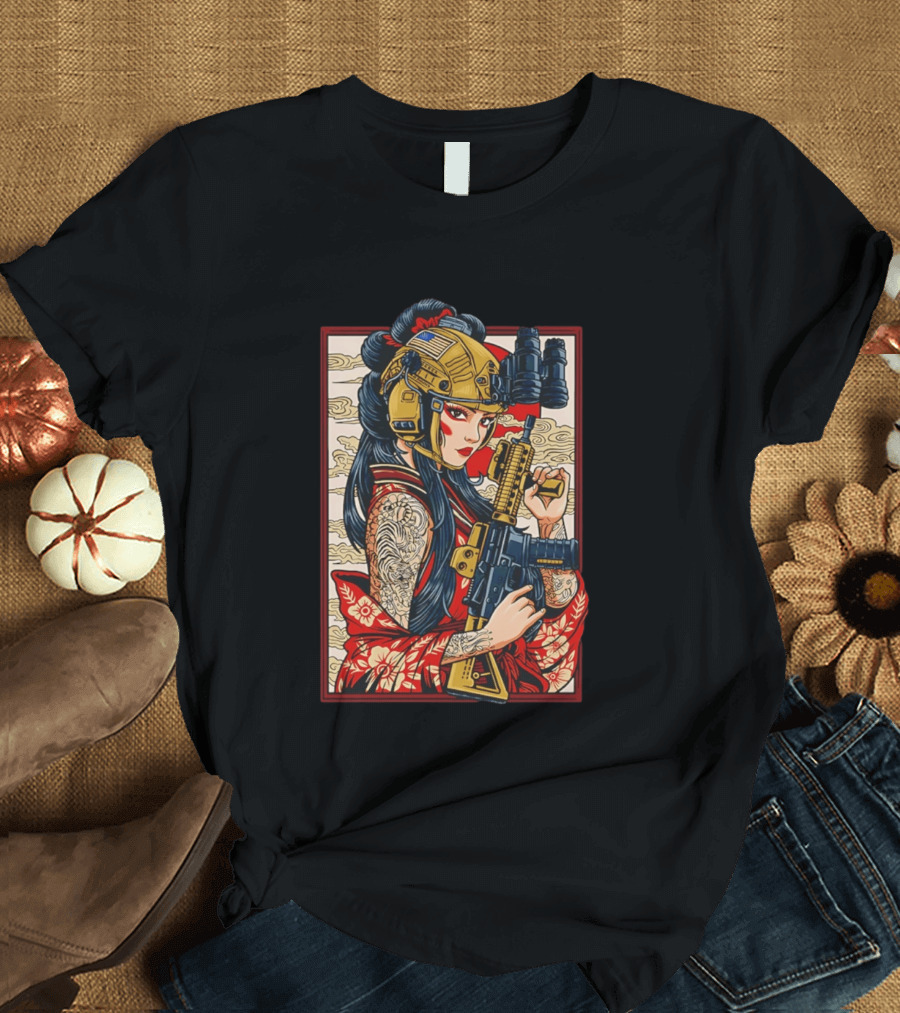 Geisha Anime Tactical Card Warrior With Helmet And Rifle T-Shirt