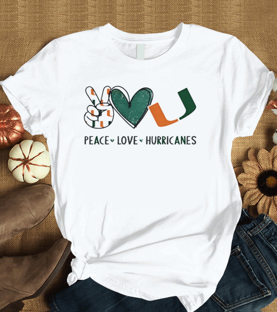 Peace Love Hurricanes Miami Hurricanes Football Hand Sign Heart Shape T-Shirt