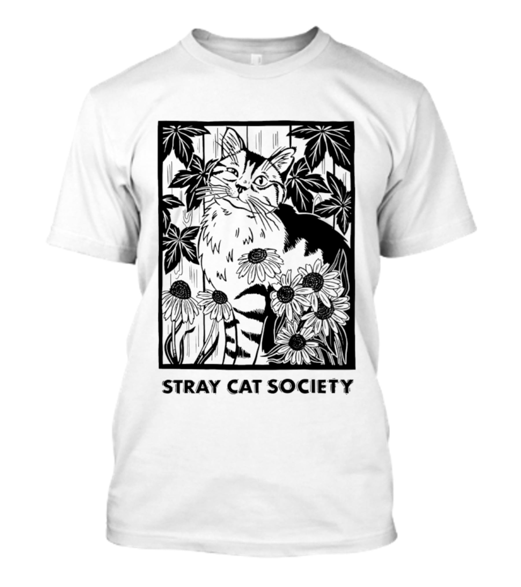 Stray Cat Society Floral And Feline Illustration With Botanical T-Shirt