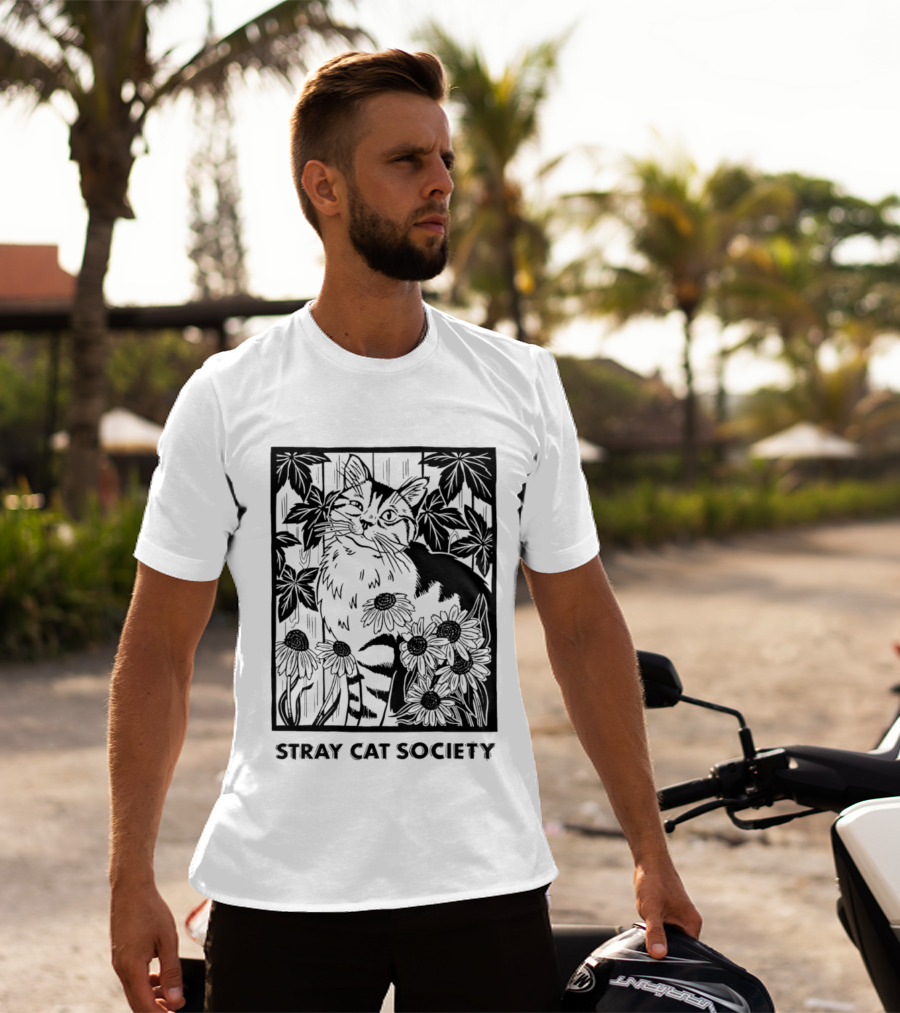 Stray Cat Society Floral And Feline Illustration With Botanical T-Shirt