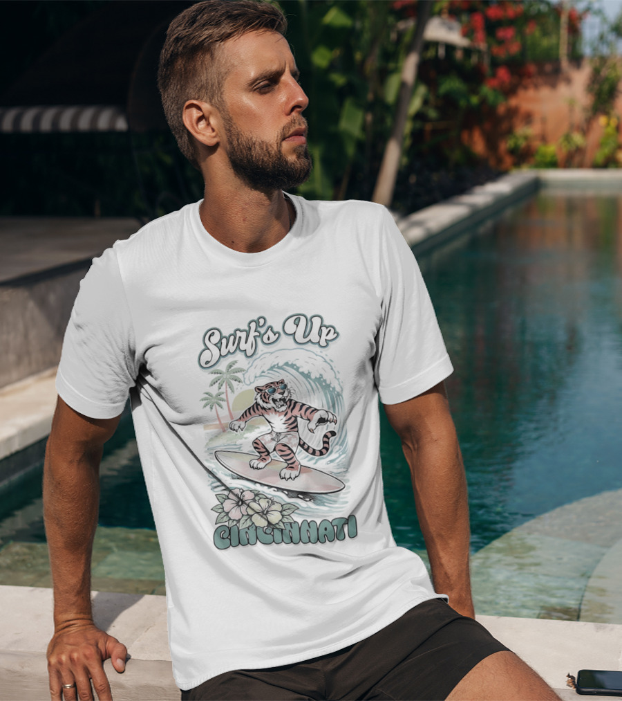 Surf's Up Cincinnati Tiger Riding Wave With Palm Trees And Sunset T-Shirt