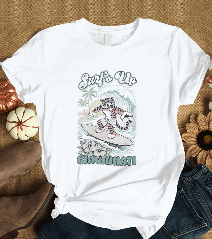 Surf's Up Cincinnati Tiger Riding Wave With Palm Trees And Sunset T-Shirt