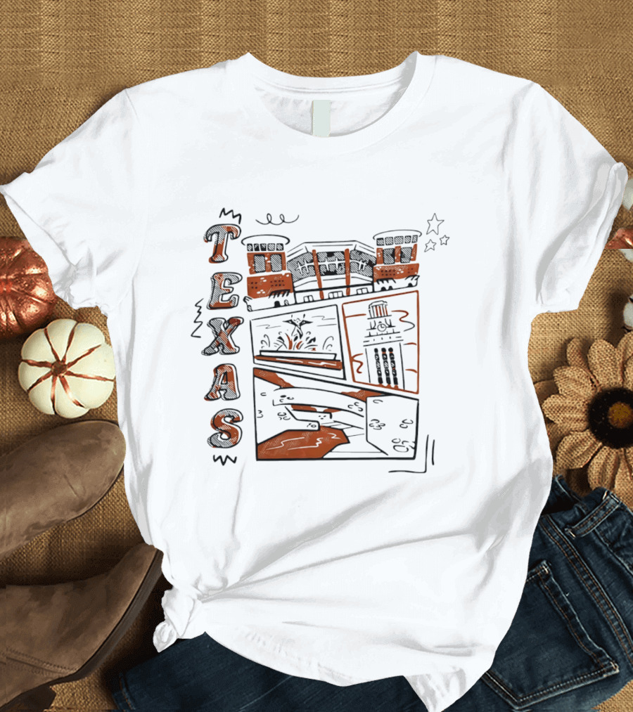 Texas Longhorns Campus Landmarks Comic Art Stadium Tower T-Shirt