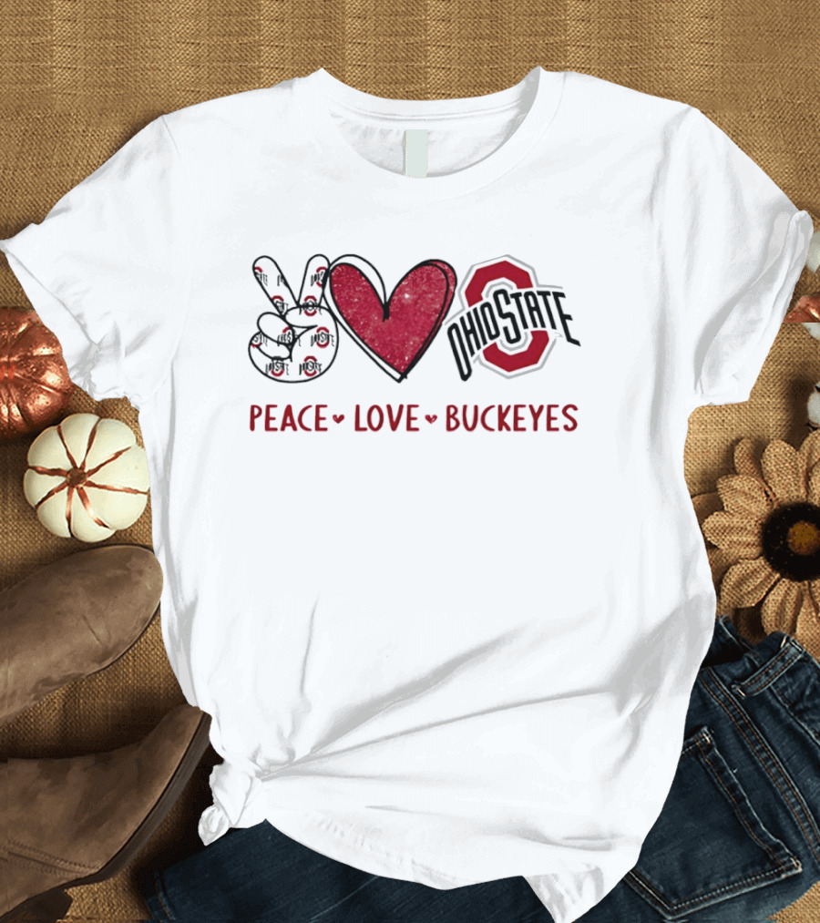 Ohio State Buckeyes Peace Love Buckeyes Hand Sign Heart Shape T-Shirt