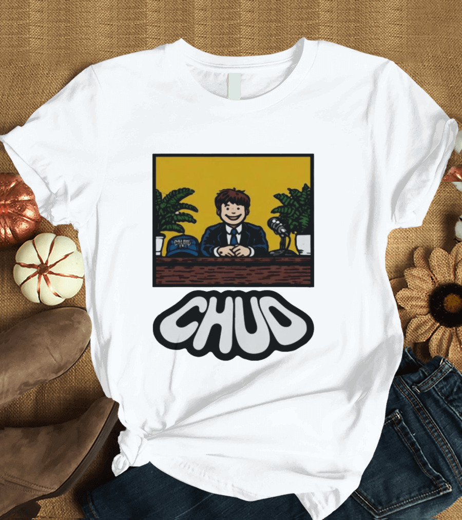Fuentes Store Chud Comic Style Desk Scene with Microphone and Cap T-Shirt