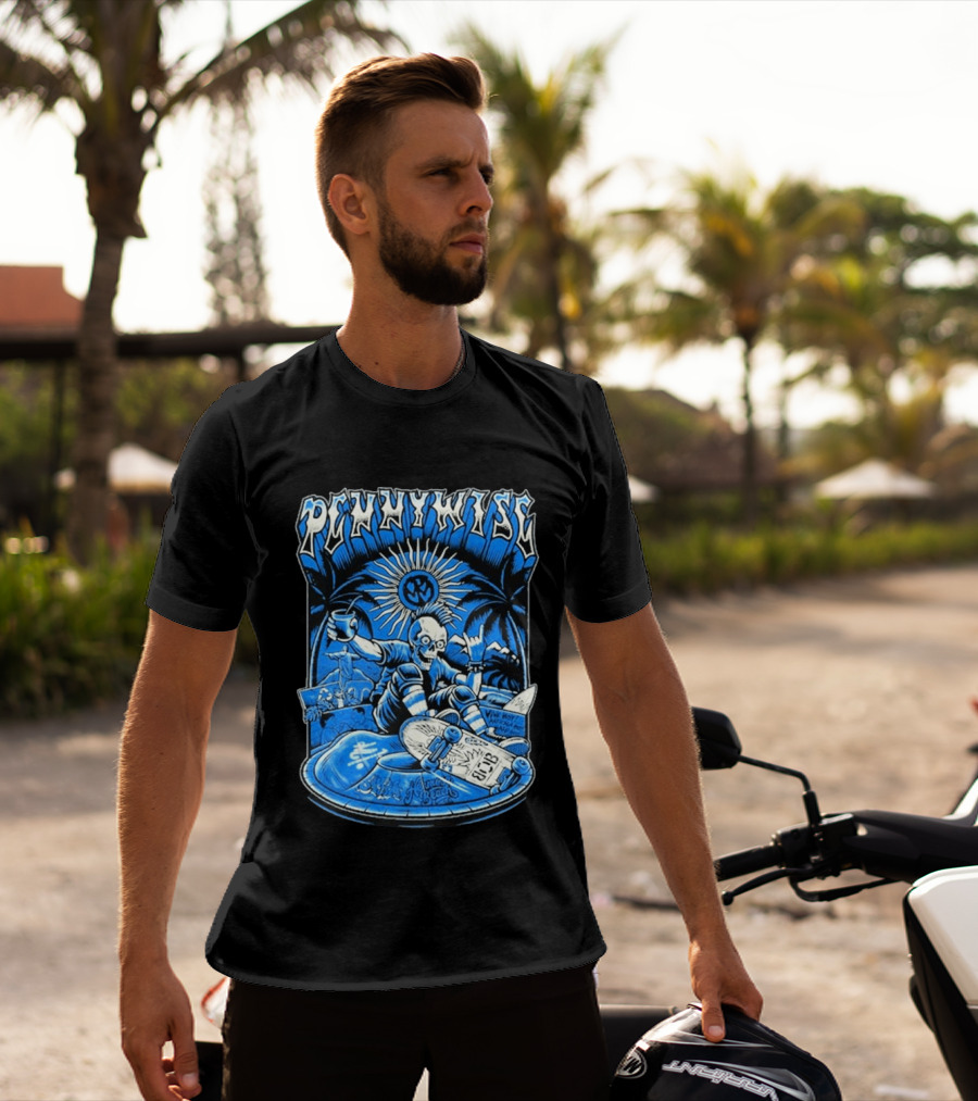 Pennywise South America Tour 2026 Skater Beach Scene With Skeleton And Skateboard Palms Waves Cup Blue Sunburst T-Shirt