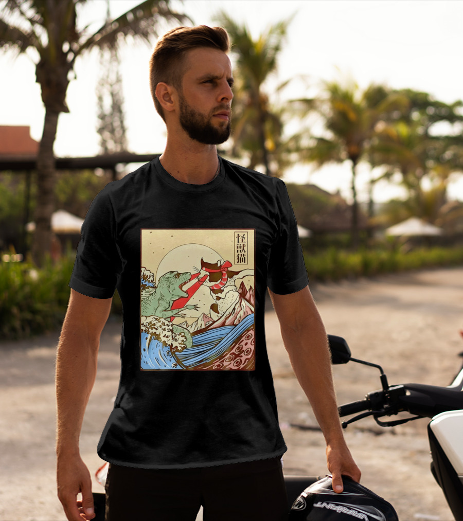 Japanese Great Wave Cat Vs Monster Classic Kaiju T-Shirt
