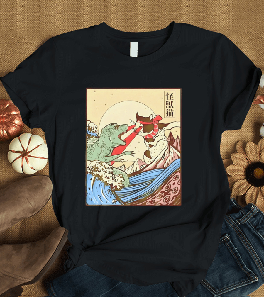 Japanese Great Wave Cat Vs Monster Classic Kaiju T-Shirt