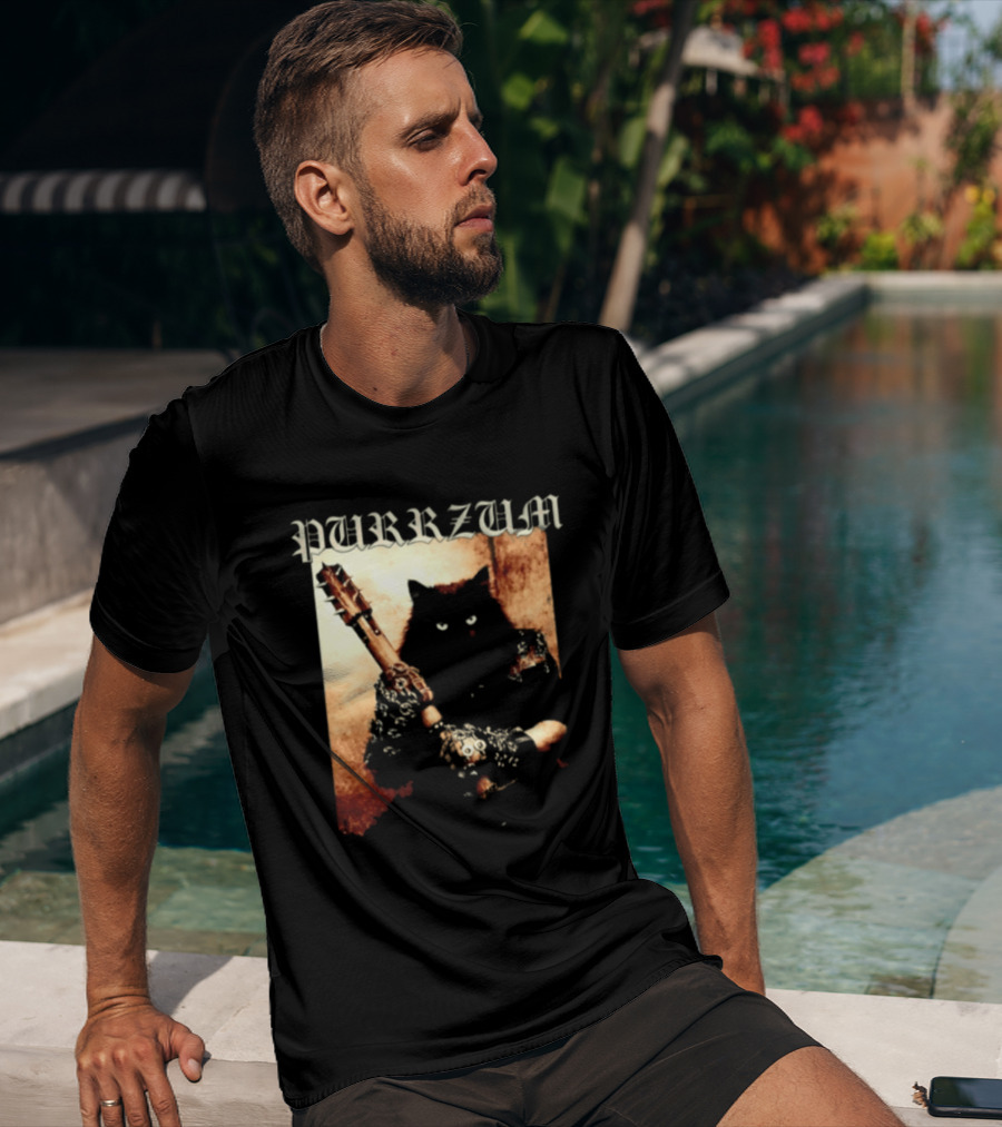 Purrzum Cat Black Metal Aesthetic Feline Holding Guitar T-Shirt