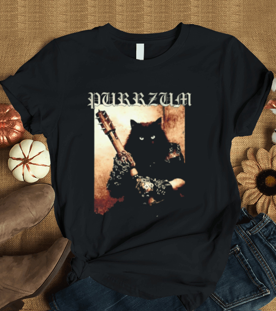 Purrzum Cat Black Metal Aesthetic Feline Holding Guitar T-Shirt
