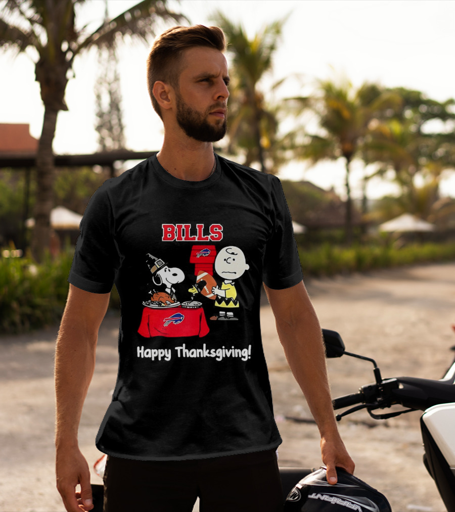 Snoopy And Charlie Brown Celebrate Buffalo Bills Happy Thanksgiving T-Shirt