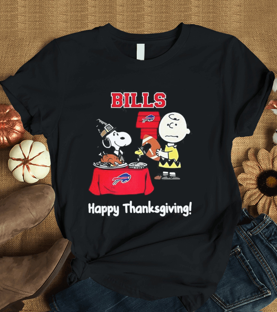 Snoopy And Charlie Brown Celebrate Buffalo Bills Happy Thanksgiving T-Shirt