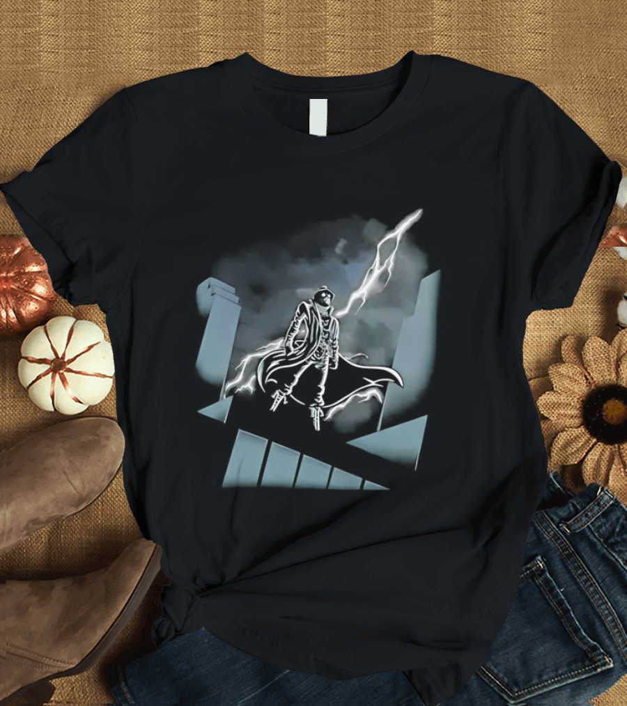 Spider Man Noir X Batman The Animated Series Noir Crossover With Light Burst And Gotham City Skyline T-Shirt
