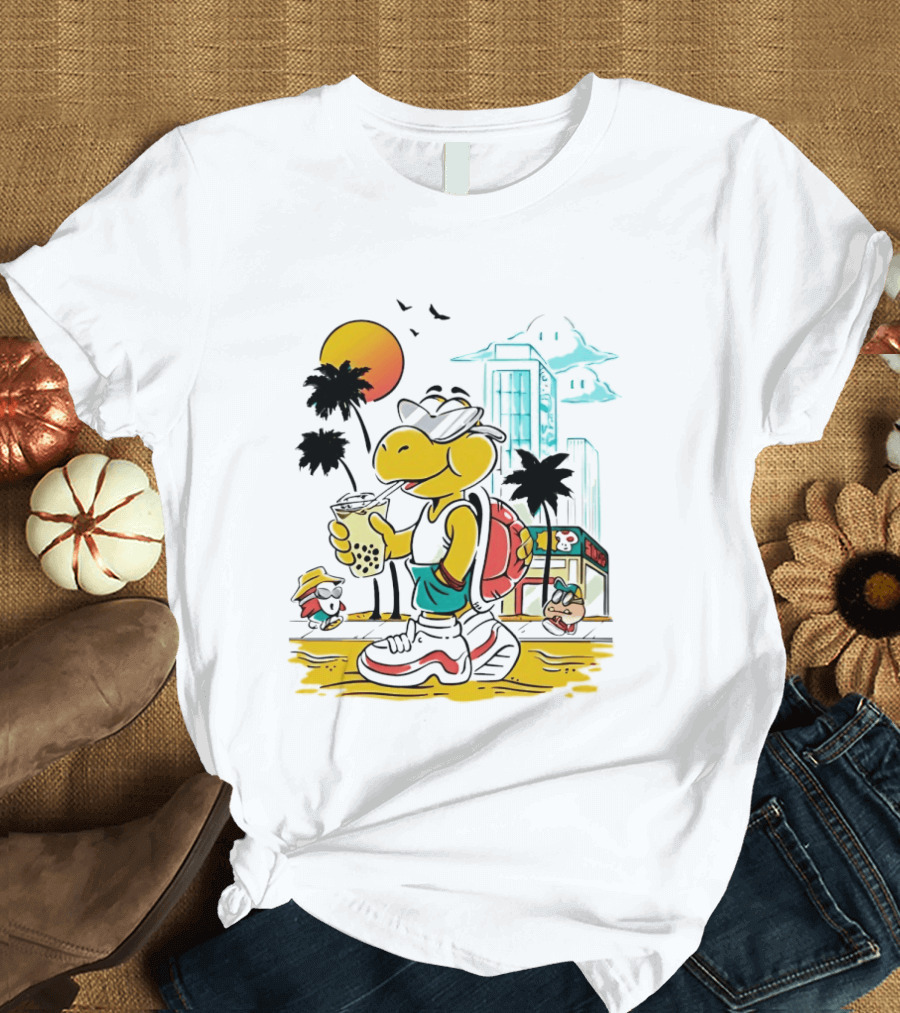 Koopa Troopa Beach Day Vibes With Bubble Tea And Palm Trees T-Shirt