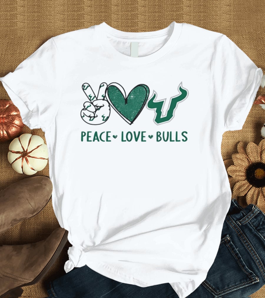 South Florida Bulls Football Peace Love Bulls Heart Sign T-Shirt
