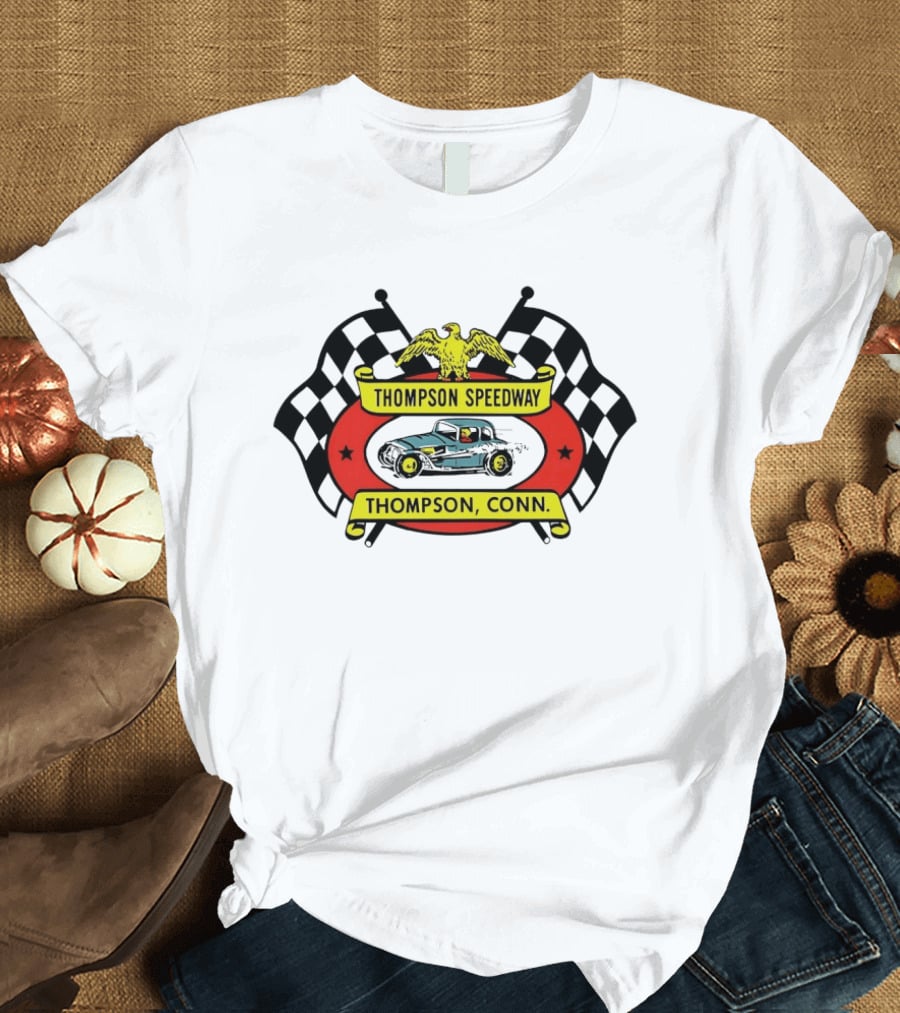 Thompson Speedway Racing Vintage Eagle Emblem Connecticut Checker Flags T-Shirt