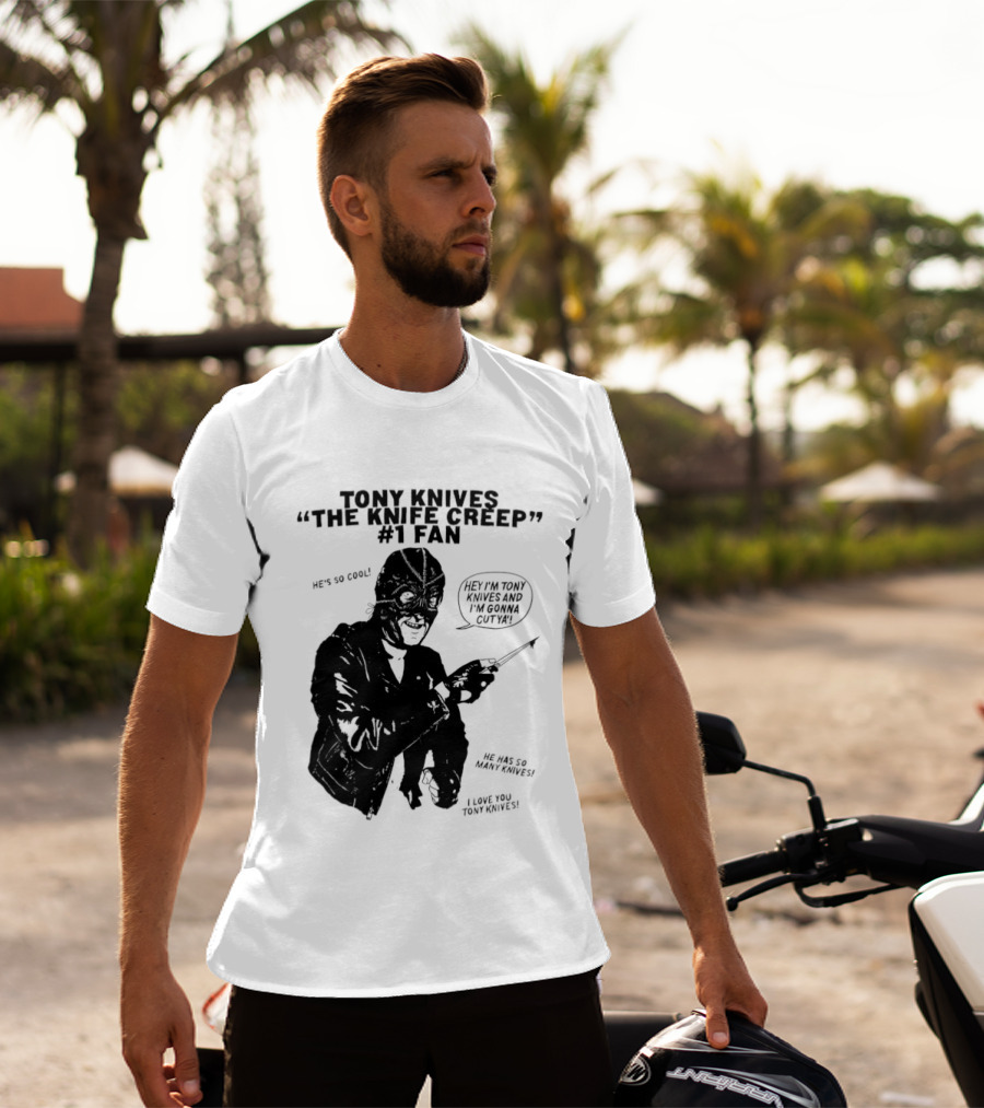 Tony Knives The Knife Creep Volume One Leather Jacket Mysterious True Crime Legendary Horror Movie Night Stalk Western Adventure T-Shirt